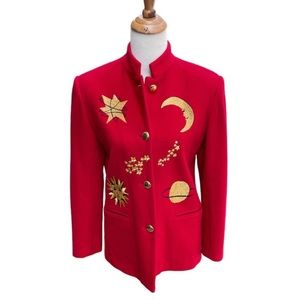 Red Wool Blazer With Intricate Embroidered Sun Moon Earth & Stars VINTAGE